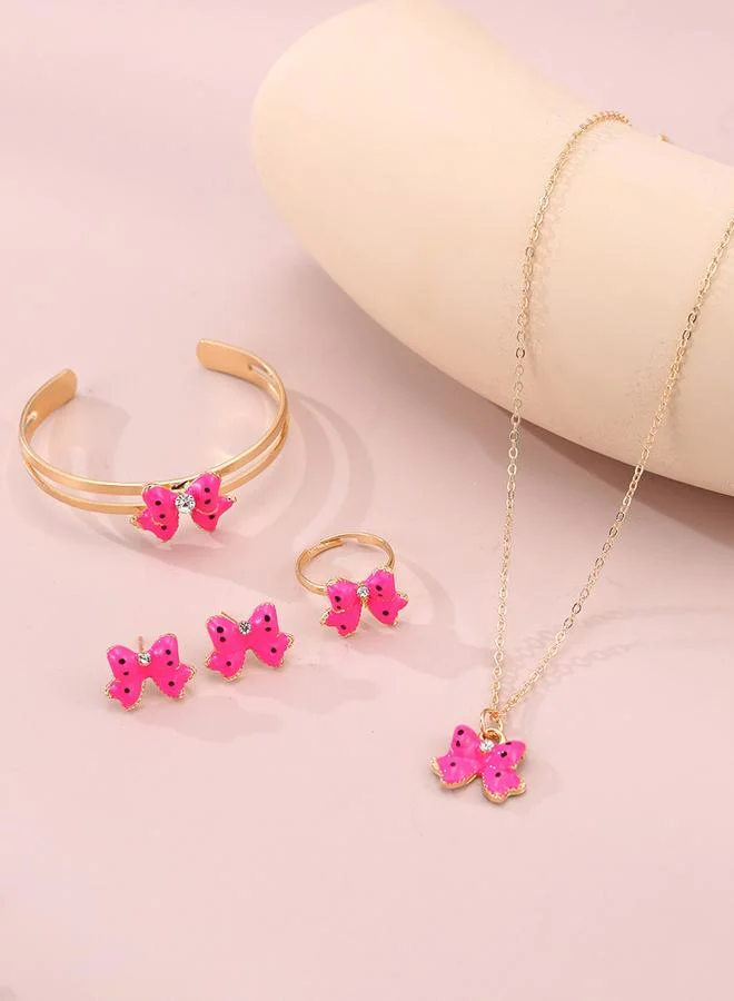 Take Two Take Two 4pcs Girl's Bow Decor Necklace Bracelet Earrings And Ring Set