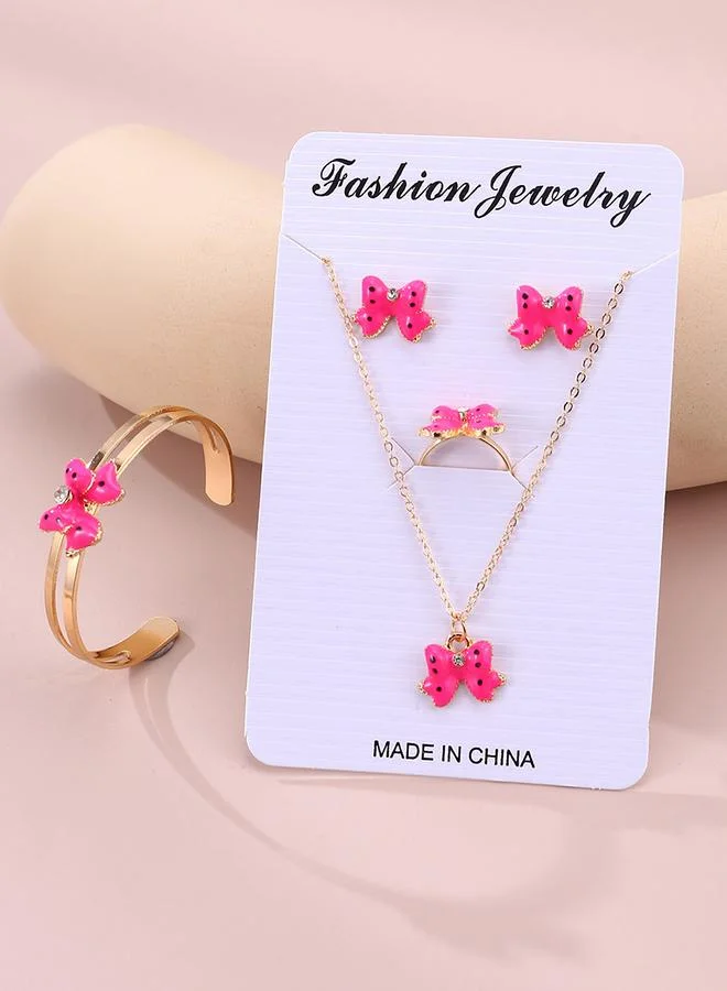 Take Two Take Two 4pcs Girl's Bow Decor Necklace Bracelet Earrings And Ring Set