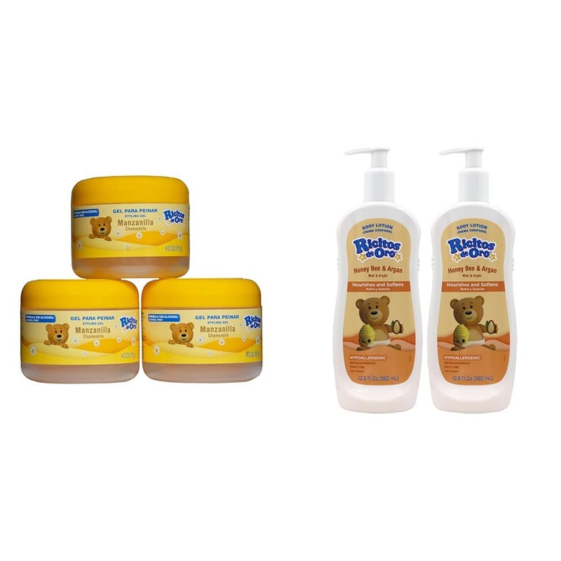 Ricitos de Oro جل تصفيف الشعر خالي من الكحول من ريسيتوس دي أورو بالبابونج 3 عبوات، لوشن جسم للأطفال بالعسل والأركان 2 عبوة للحصول على بشرة ناعمة - Image 1