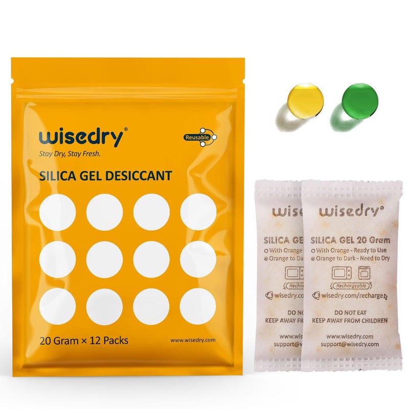 wisedry 20 Gram 12 Packs Rechargeable Silica Gel Packets Microwave Fast Reactivate in 2MINS Moisture Absorber Desiccant Packs with Orange Indicating Beads Food Grade