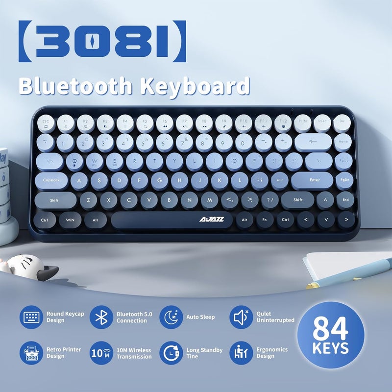 FELICON 308i Wireless Bluetooth Keyboard, Retro Typewriter Design with Gradient Colorful Round Keycaps and Cute Magnetic Cat Doll, 84 Keys, Multi Device Keyboard for iPad/Laptop/PC/Win/Mac(Blue) - Image 2
