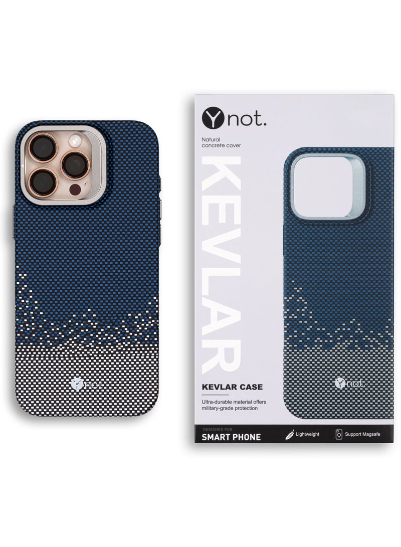 YNOT MagSafe Carbon Fiber Kevlar Protective Case with Camera Holder for iPhone 16 Pro - Blue dotted white - Image 2