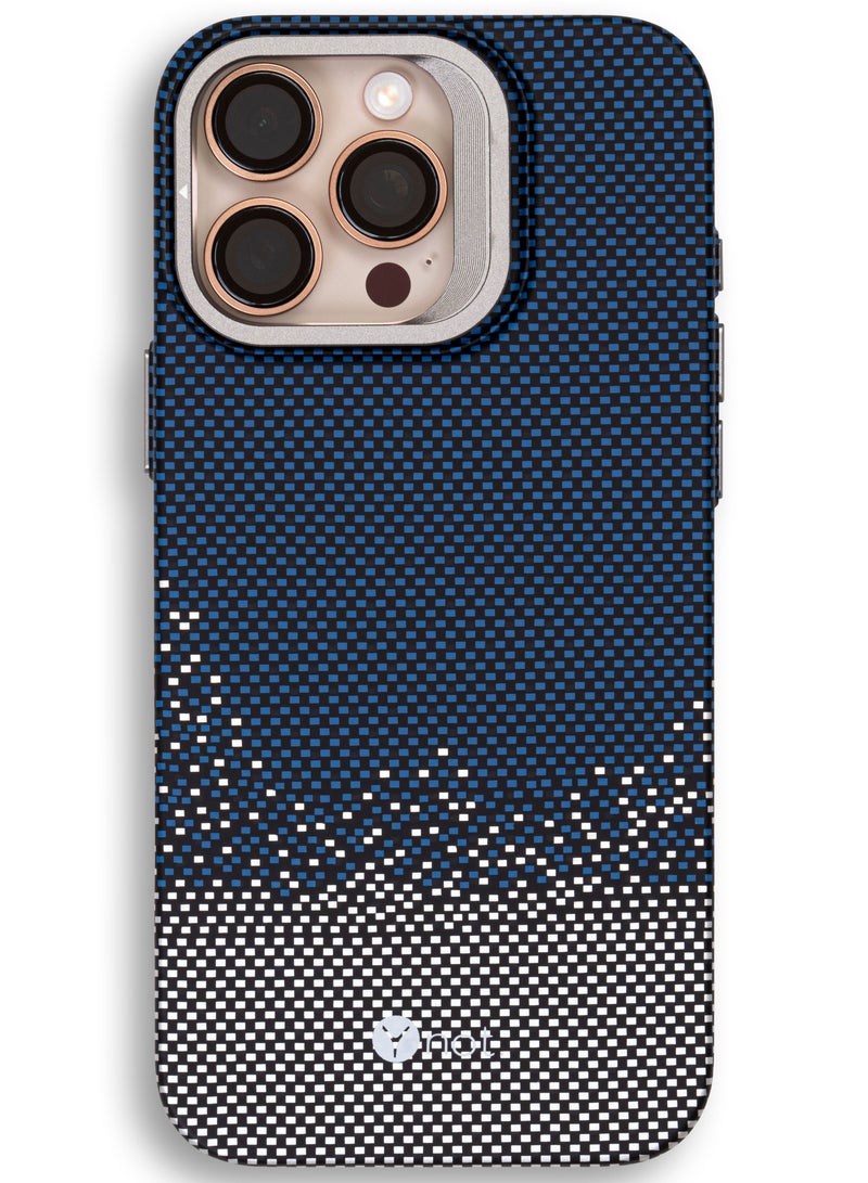 YNOT MagSafe Carbon Fiber Kevlar Protective Case with Camera Holder for iPhone 16 Pro - Blue dotted white - Image 1