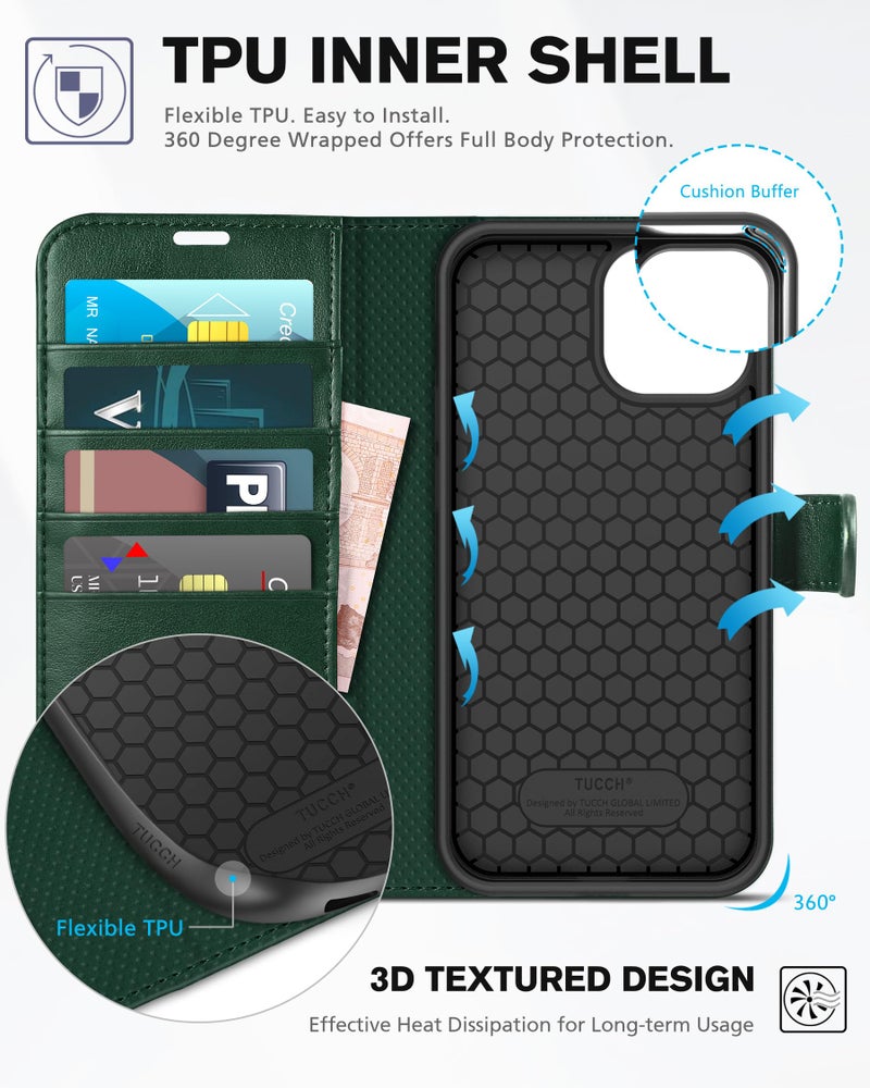 TUCCH TUCCH Wallet Case for iPhone 13 Pro Max 5G, RFID Blocking Card Slot Stand [Shockproof TPU Interior Case], PU Leather Magnetic Protect Flip Cover Compatible with iPhone 13 Pro Max 6.7", Midnight Green  - Image 5
