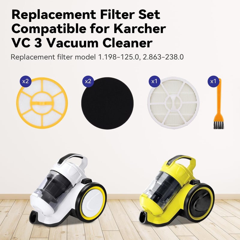 GreeSuit 6 Piece Filter Replacement Parts Compatible with Kärcher VC3 Vacuum Cleaner 1.198-125.0, 2.863-238.0 - Filter Set Accessories with 3 Dust Container Filters, 3 Special Foams and Cleaning Brush - Image 2