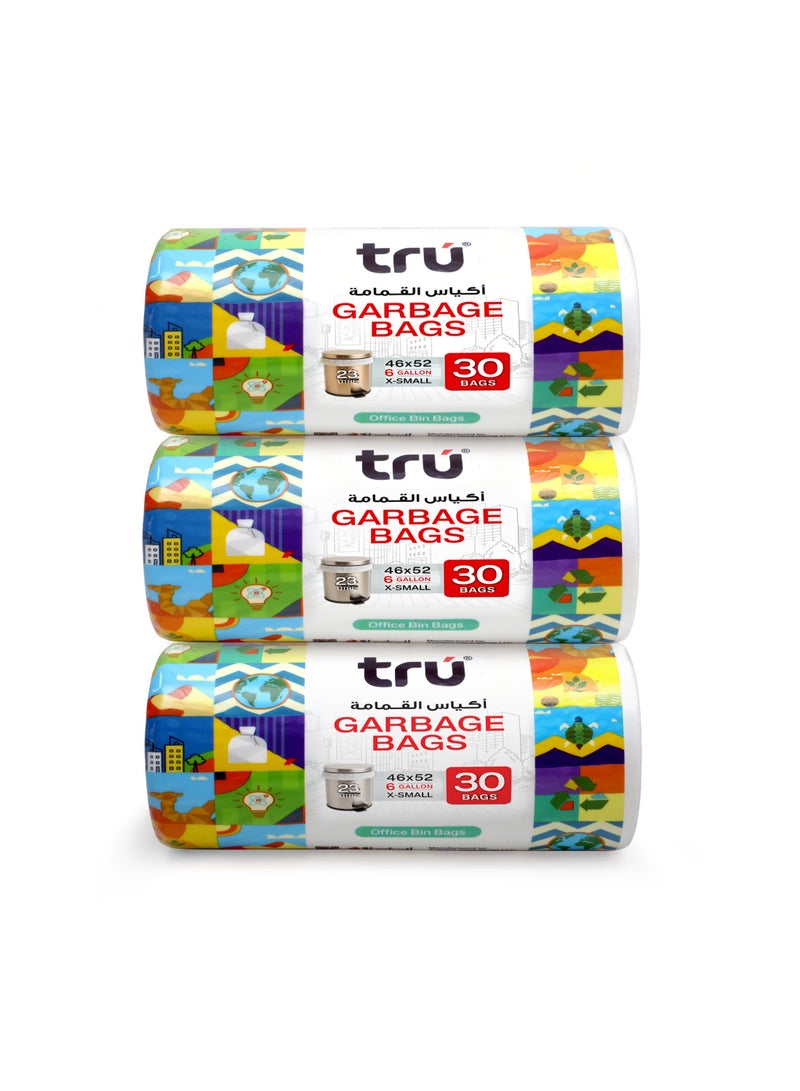 Tru Pack of 3 - Garbage Bags Compact Roll White , 6 Gallon, Compact Roll 46x52cm X-Small (Small bins) - 30 Bags x 3 white - Image 1