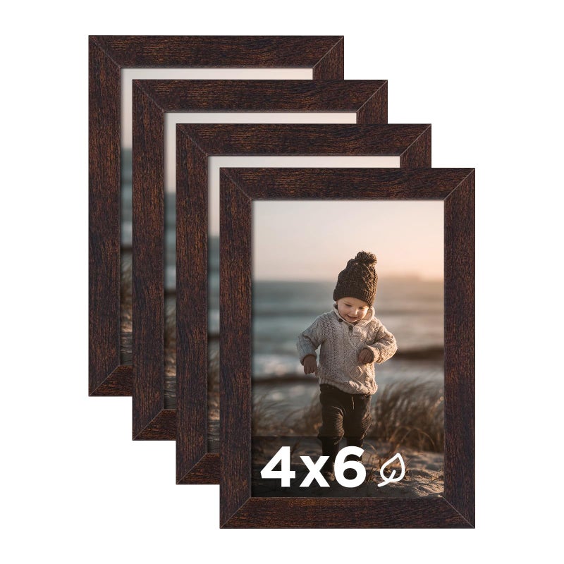 KINLINK 4x6 Picture Frame Brown Set of 4 Wooden Photo Frames with Plexiglass for 4x6 without Mat for Table and Wall Display