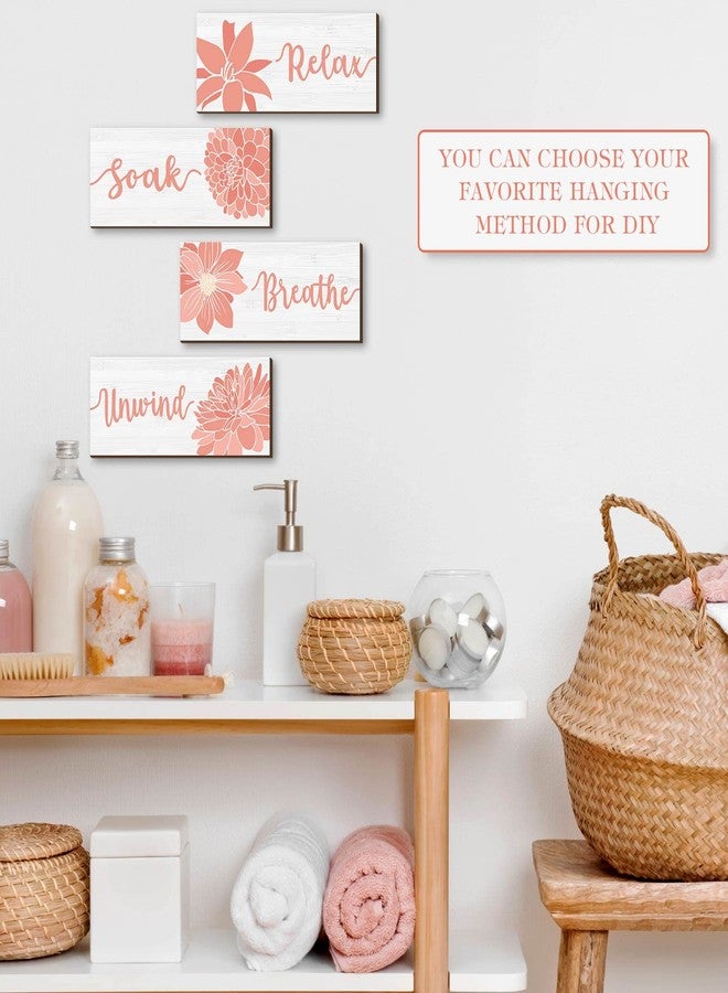 يوليجو لوحة جدارية أنيقة للحمام من يوليجو مكونة من 4 قطع - إكسسوارات مرجانية، لوحة جدارية "استرخِ، انغمس، تنفس"، لوحة خشبية ريفية لغرفة نوم المنتجع الصحي (وردي) - Image 4