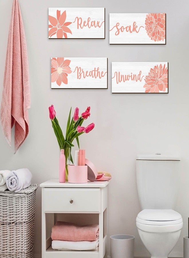 يوليجو لوحة جدارية أنيقة للحمام من يوليجو مكونة من 4 قطع - إكسسوارات مرجانية، لوحة جدارية "استرخِ، انغمس، تنفس"، لوحة خشبية ريفية لغرفة نوم المنتجع الصحي (وردي) - Image 2