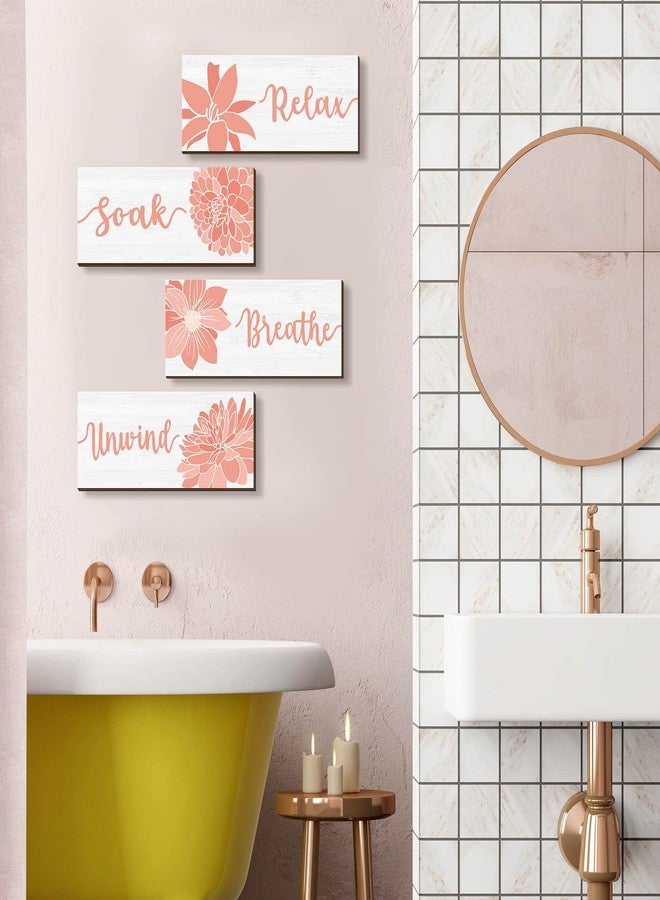 يوليجو لوحة جدارية أنيقة للحمام من يوليجو مكونة من 4 قطع - إكسسوارات مرجانية، لوحة جدارية "استرخِ، انغمس، تنفس"، لوحة خشبية ريفية لغرفة نوم المنتجع الصحي (وردي) - Image 5