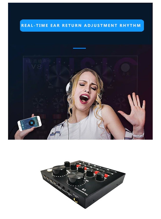 dida-cosmos External Sound Card USB Live External Sound Mixer Board Voice Changer Sound Card with Multiple Sound Effects for Live Recording Home KTV Voice Chat - Black 01 - Image 3