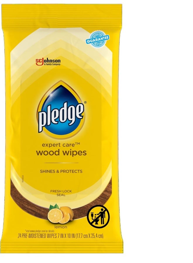Pledge Multi-Surface Furniture Polish Wipes, Works on Wood, Granite, and Leather, Cleans and Protects, Lemon (24 Total Wipes) - Image 1