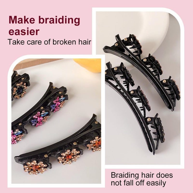 Pousbo 2 Pcs Sparkling Crystal Stone Braided Hair Clips, 2024 New Satin Fabric Hair Bands Rhinestone Four-Leaf Clover Hair Clip,Duck Bill Clips for Women Girls (4 Pcs) - Image 3