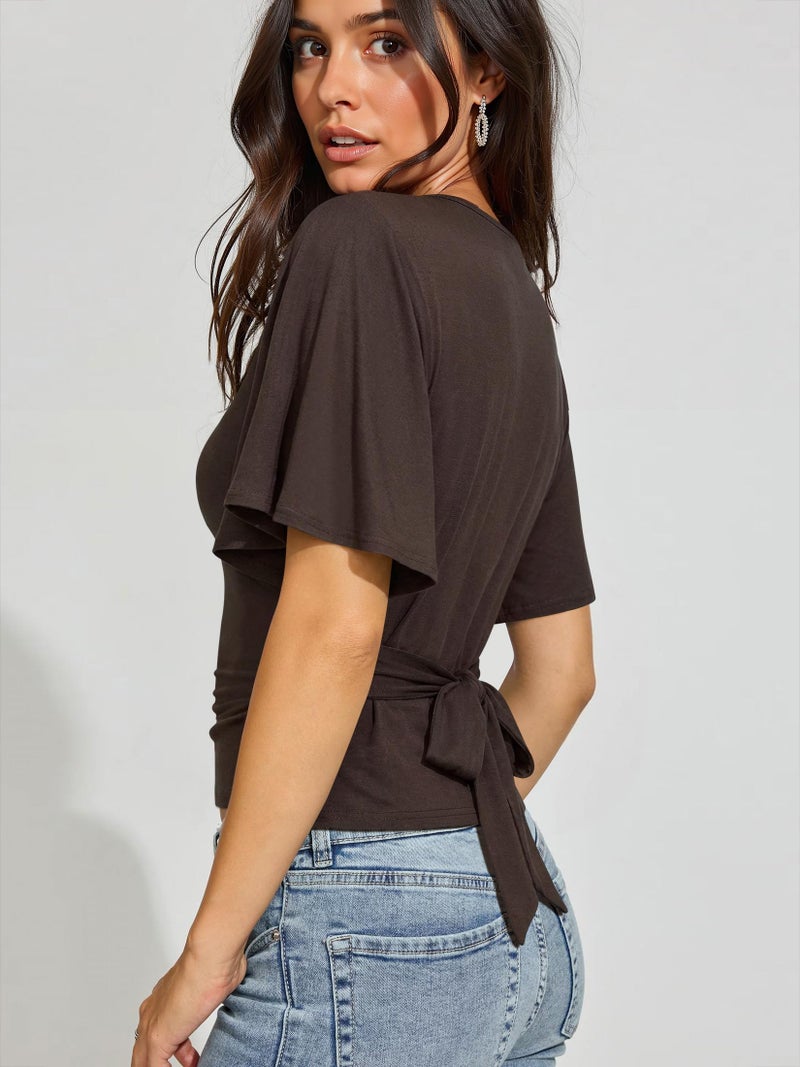 Nlife Women's Flutter Sleeve Tops Tie Back Waist Blouse Boat Neck Flattering Elegant Slim Fit Summer Casual Shirt - Image 3