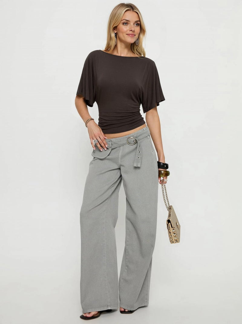 Nlife Women's Flutter Sleeve Tops Tie Back Waist Blouse Boat Neck Flattering Elegant Slim Fit Summer Casual Shirt - Image 5