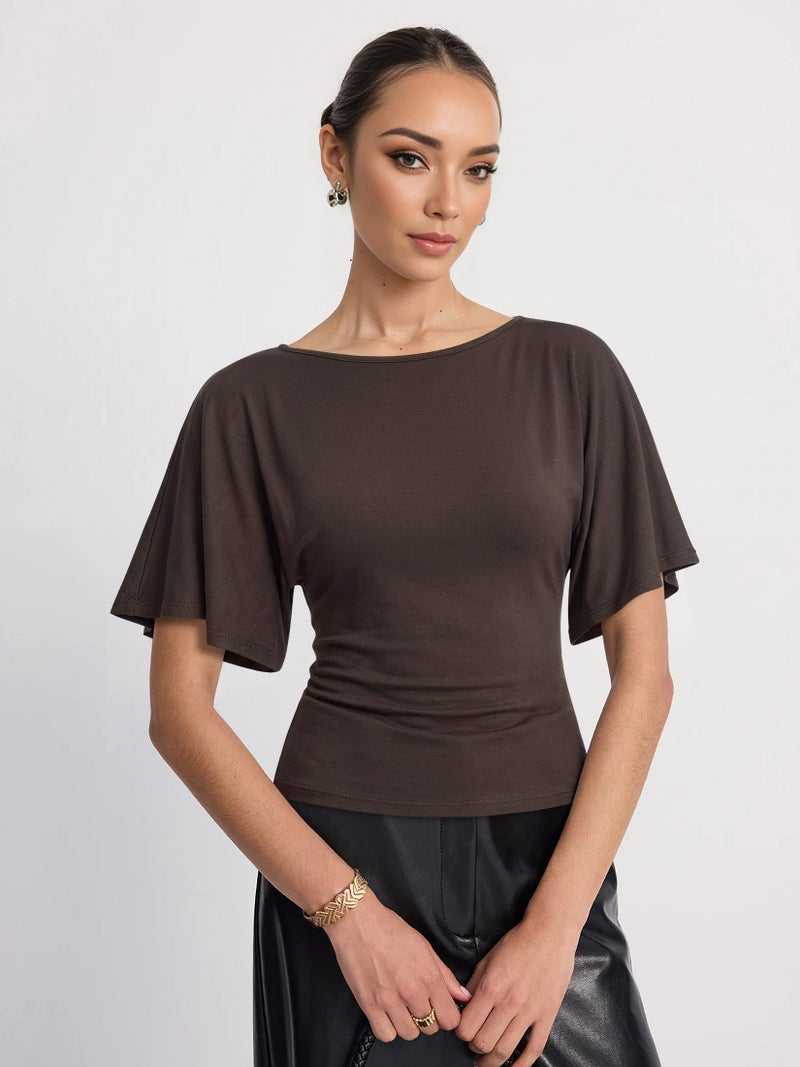 Nlife Women's Flutter Sleeve Tops Tie Back Waist Blouse Boat Neck Flattering Elegant Slim Fit Summer Casual Shirt - Image 4