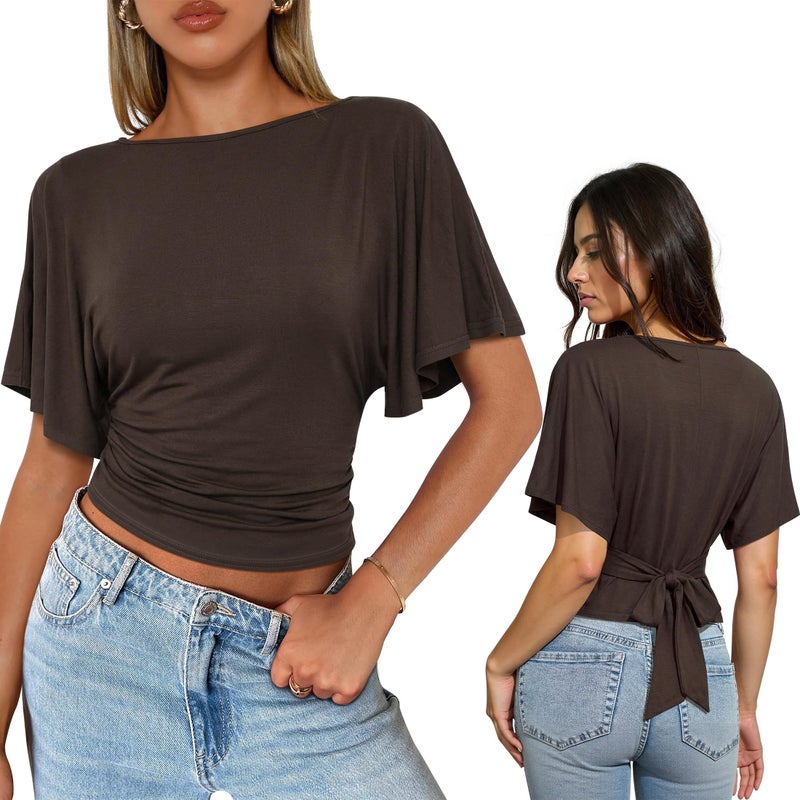 Nlife Women's Flutter Sleeve Tops Tie Back Waist Blouse Boat Neck Flattering Elegant Slim Fit Summer Casual Shirt - Image 1