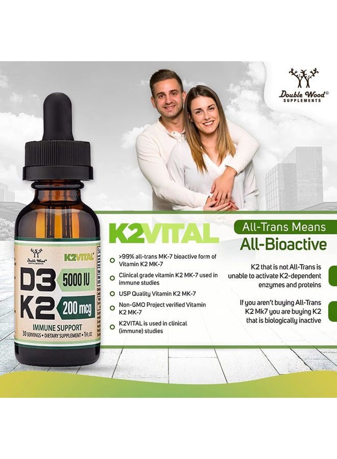 Double Wood Supplements Vitamin D3 K2 5,000 IU Liquid Drops (5,000 IU of D3 and 200mcg of 99.9% All-Trans Patented K2 MK-7 (K2Vital)) Max Absorption Liquid Vitamin D Drops (30 Servings) by Double Wood - Image 4