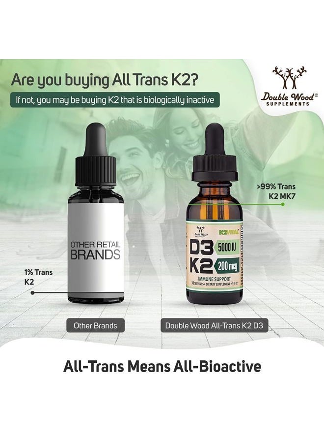 Double Wood Supplements Vitamin D3 K2 5,000 IU Liquid Drops (5,000 IU of D3 and 200mcg of 99.9% All-Trans Patented K2 MK-7 (K2Vital)) Max Absorption Liquid Vitamin D Drops (30 Servings) by Double Wood - Image 3