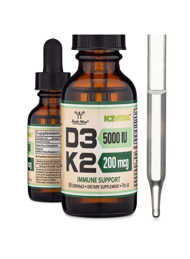 Double Wood Supplements Vitamin D3 K2 5,000 IU Liquid Drops (5,000 IU of D3 and 200mcg of 99.9% All-Trans Patented K2 MK-7 (K2Vital)) Max Absorption Liquid Vitamin D Drops (30 Servings) by Double Wood - Image 1
