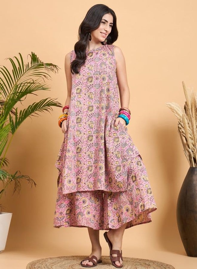 InWeave PESTAL PINK KANTHA FLORAL JAAL SHORT PALAZZO SET - Image 5