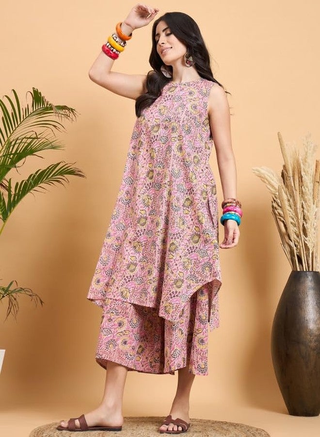 InWeave PESTAL PINK KANTHA FLORAL JAAL SHORT PALAZZO SET - Image 2