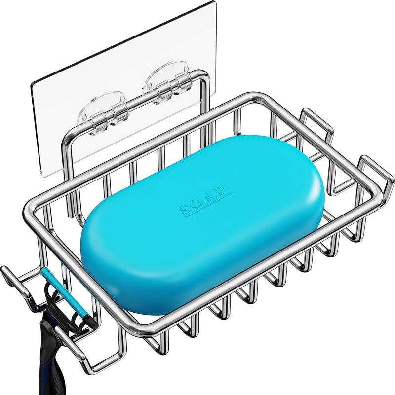 Nieifi Bar Soap Holder for Shower Wall with 4 Hooks Stainless Steel Adhesive Soap Dish for Bathroom Silver