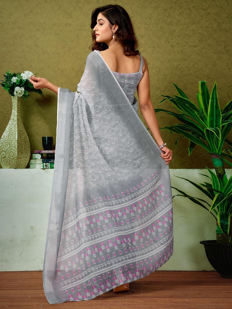 Satrani Women's Linen Zari Border Printed Ready To Wear One Minute Pre Pleated Readymade Saree with Unstitched Blouse Piece (33RS317N_Grey & White) - Image 2