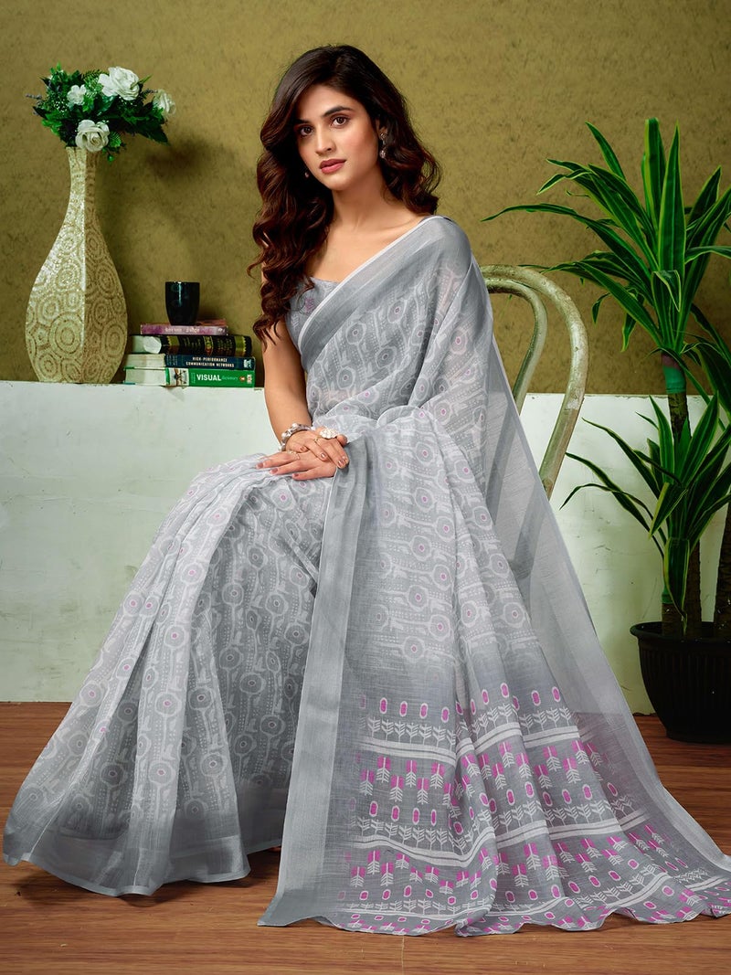 Satrani Women's Linen Zari Border Printed Ready To Wear One Minute Pre Pleated Readymade Saree with Unstitched Blouse Piece (33RS317N_Grey & White) - Image 3