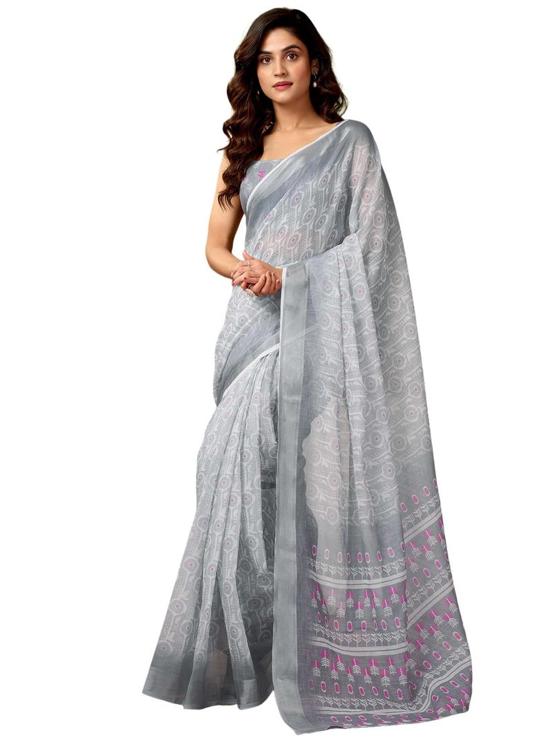 Satrani Women's Linen Zari Border Printed Ready To Wear One Minute Pre Pleated Readymade Saree with Unstitched Blouse Piece (33RS317N_Grey & White) - Image 1