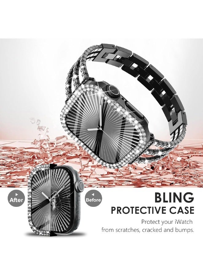 Compatible with Apple Watch Series 10 46mm Bling Case with Screen Protector, Double Row Crystal Diamond Design Hard PC Waterproof Bumper Case for iWatch Series 10 (2024) 46mm, Black - Image 5