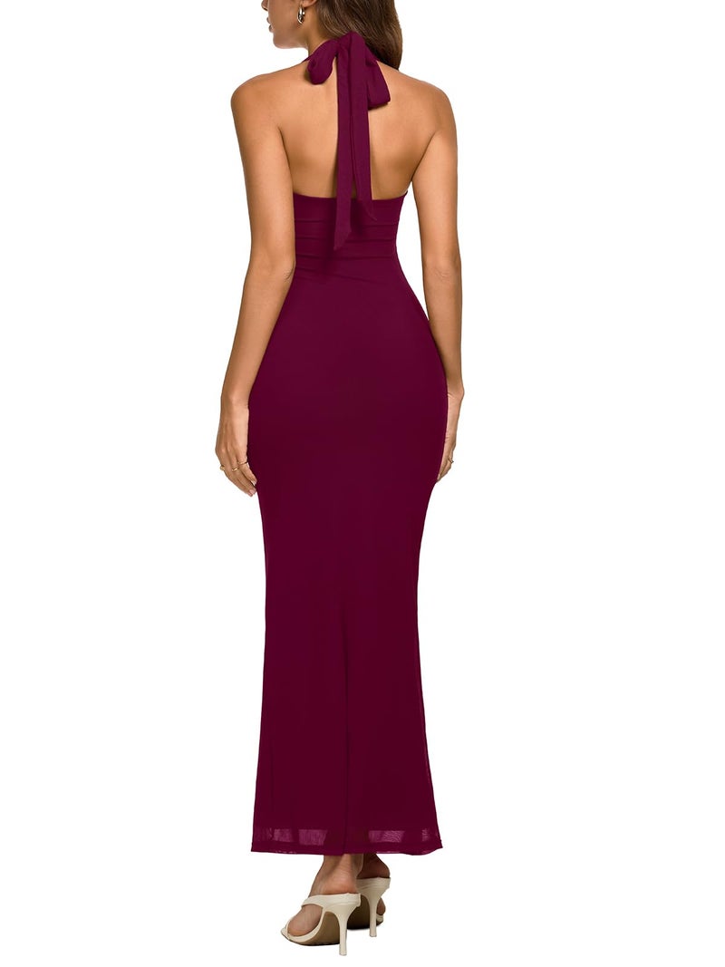 REORIA Summer Mesh Sheer Sleeveless Wedding Guest Maxi Dresses for Women Ruched Bodycon Square Neck Halter Tie Back Long Dress Cordovan Medium - Image 4