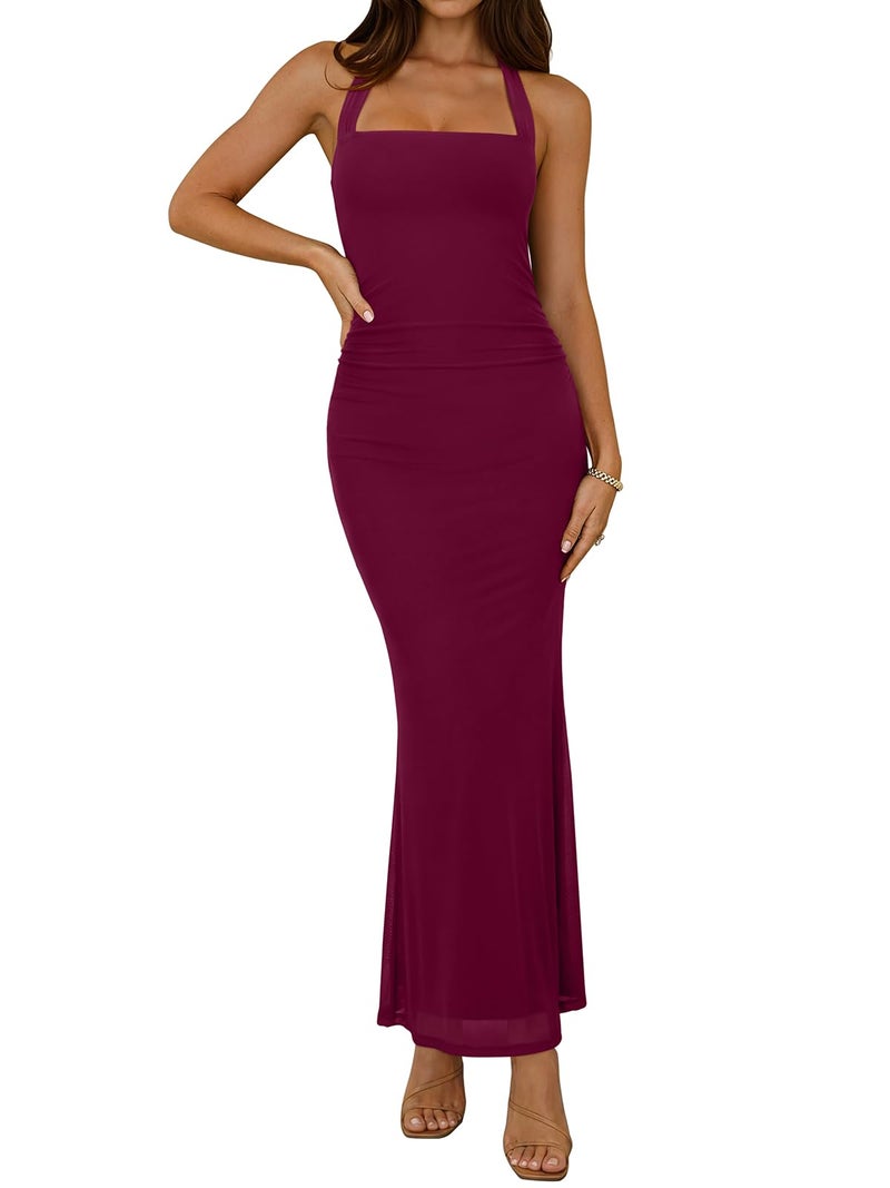 REORIA Summer Mesh Sheer Sleeveless Wedding Guest Maxi Dresses for Women Ruched Bodycon Square Neck Halter Tie Back Long Dress Cordovan Medium - Image 1