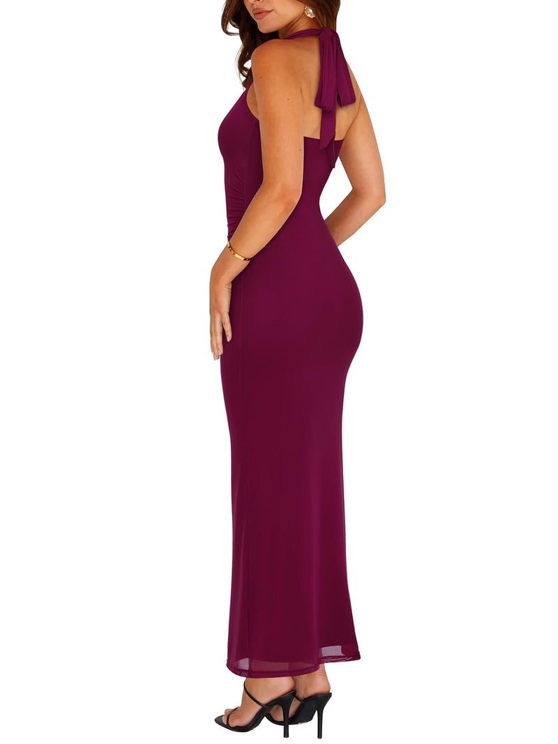 REORIA Summer Mesh Sheer Sleeveless Wedding Guest Maxi Dresses for Women Ruched Bodycon Square Neck Halter Tie Back Long Dress Cordovan Medium - Image 2