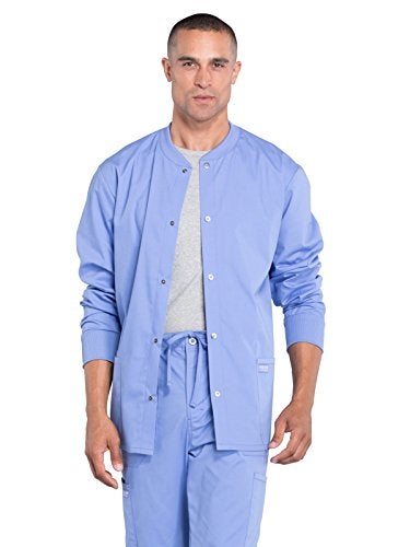 Cherokee Men’s Scrub Jacket Snap Front Medical with 3 Pockets, Knit Cuffs, Soft Fade Resistant 2-Way Stretch - WW360, M, Ciel Blue - Image 1