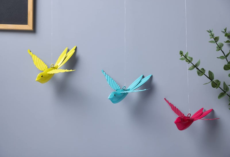 dudki Hanging Decorative Bird for Home Balcony and Garden Decor Large (Set of 3 -Pink,Aqua,Yellow),Metal - Image 4