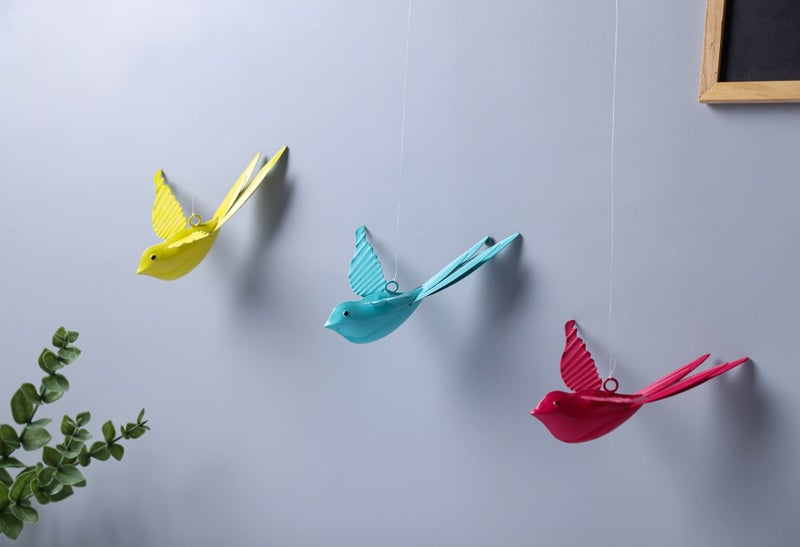 dudki Hanging Decorative Bird for Home Balcony and Garden Decor Large (Set of 3 -Pink,Aqua,Yellow),Metal - Image 5