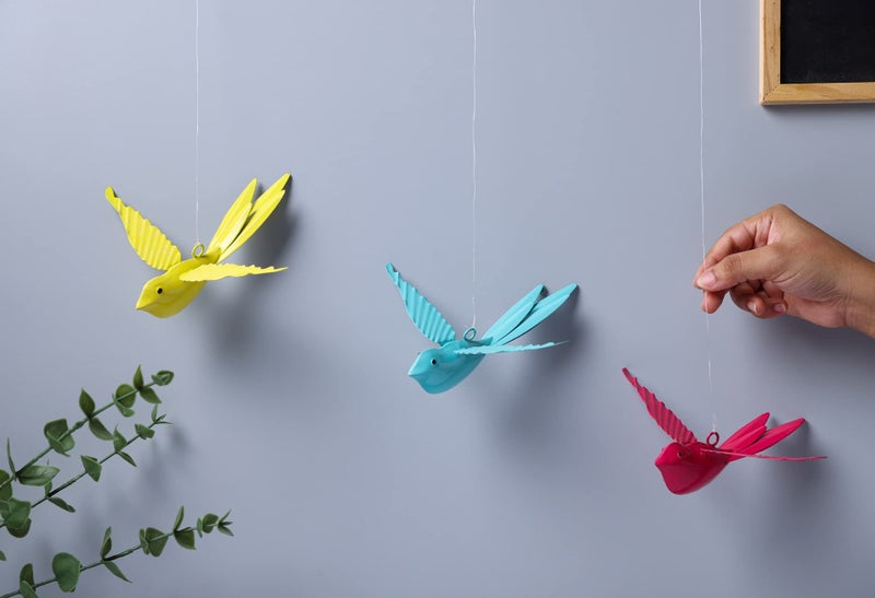 dudki Hanging Decorative Bird for Home Balcony and Garden Decor Large (Set of 3 -Pink,Aqua,Yellow),Metal - Image 2