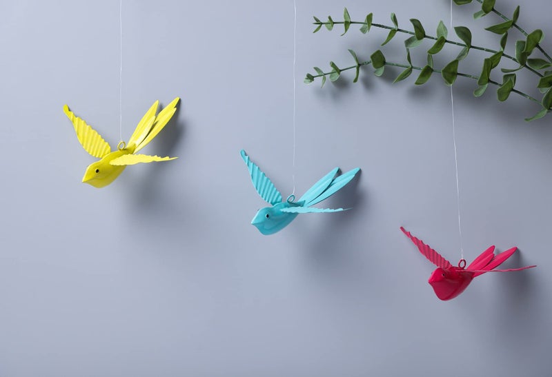 dudki Hanging Decorative Bird for Home Balcony and Garden Decor Large (Set of 3 -Pink,Aqua,Yellow),Metal - Image 3