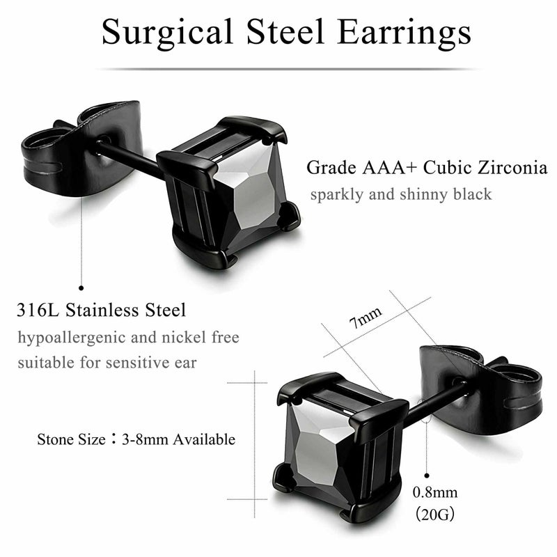 Jstyle Stainless Steel Black Stud Earrings for Men Women 20G Cubic Zirconia Black Earrings Studs for Sensitive Ears Hypoallergenic CZ Surgical Steel Earrings Pierced 7mm - Image 2