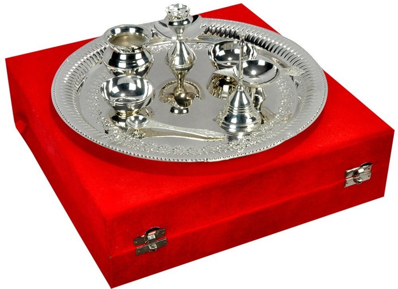 JAIPUR ACE Elegant Silver Plated Pooja Thali Set 7Piece Sacred Worship Ensemble Exquisite Religious Gift Collection - Image 1