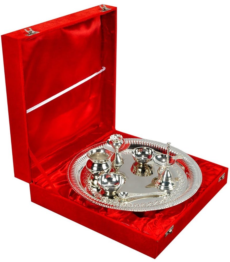 JAIPUR ACE Elegant Silver Plated Pooja Thali Set 7Piece Sacred Worship Ensemble Exquisite Religious Gift Collection - Image 2