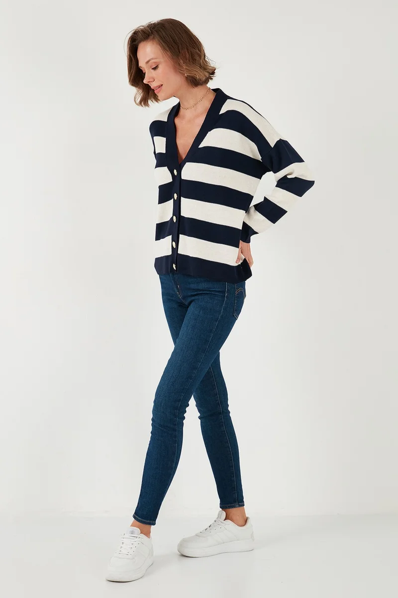 Lela Regular Fit Striped V Neck Buttoned Soft Acrylic Women's Cardigan 4615188
