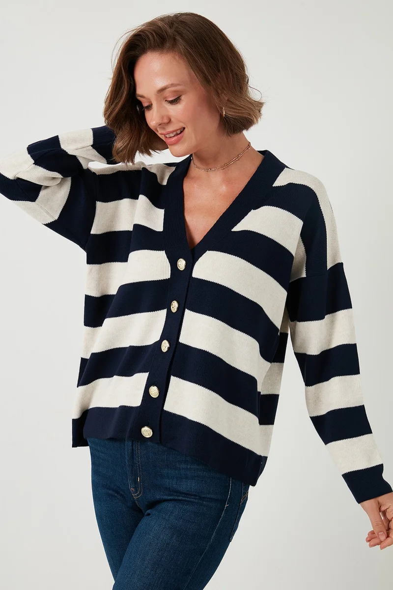 Lela Regular Fit Striped V Neck Buttoned Soft Acrylic Women's Cardigan 4615188