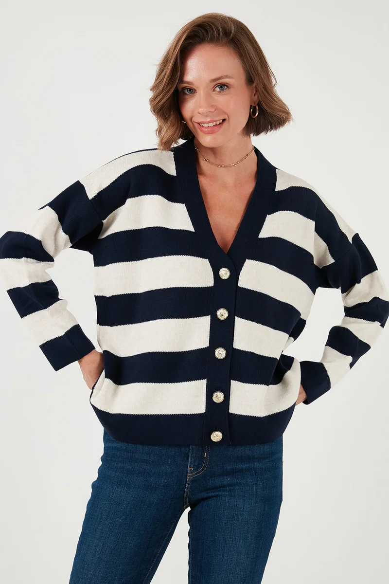 Lela Regular Fit Striped V Neck Buttoned Soft Acrylic Women's Cardigan 4615188