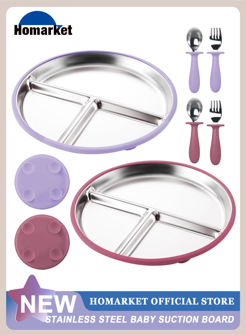 HomarKet 2 Pack Stainless Steel Baby Suction Plates & 2 Pack Spoons and Forks Set, Toddler Utensils Baby Feeding Set, Divided Plates for Baby Led Weaning Supplies, BPA-Free (Purple/Pink) - Image 1