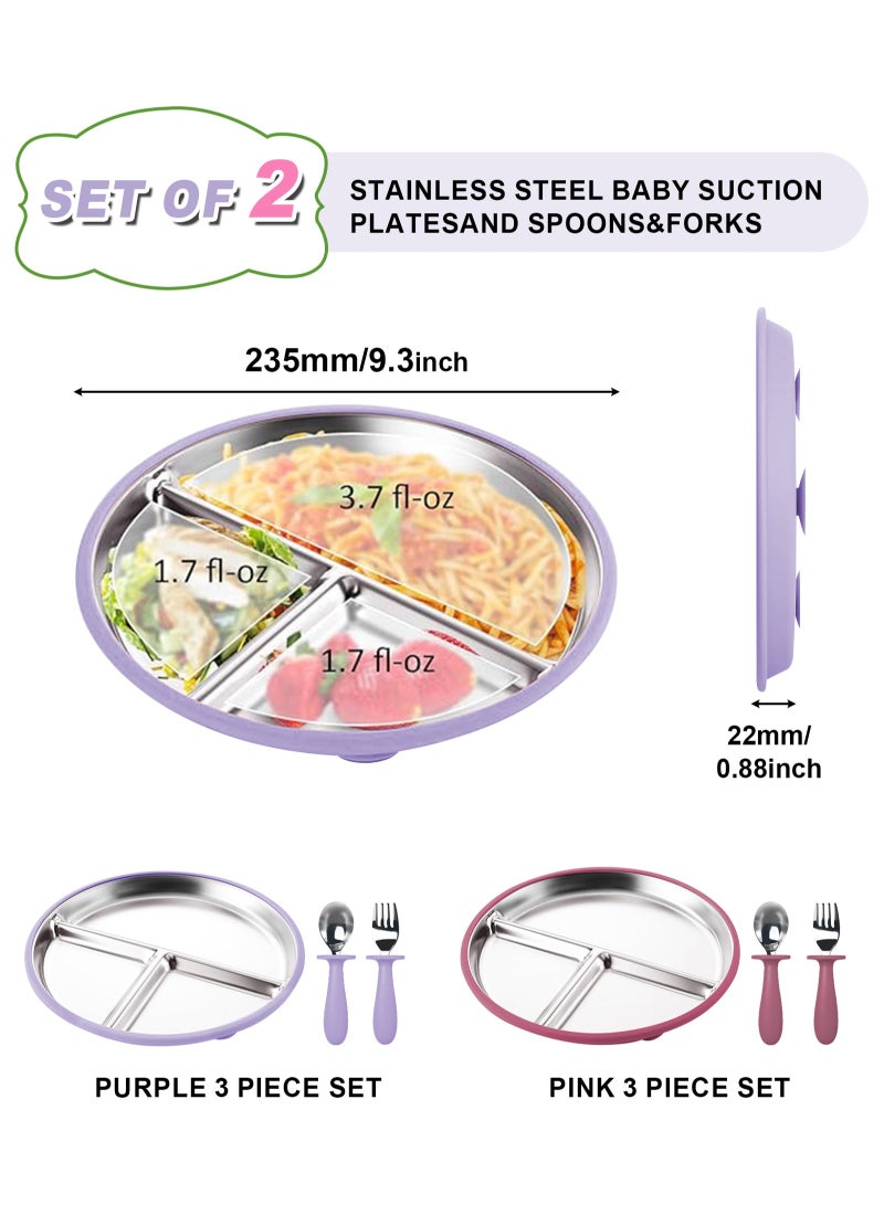 HomarKet 2 Pack Stainless Steel Baby Suction Plates & 2 Pack Spoons and Forks Set, Toddler Utensils Baby Feeding Set, Divided Plates for Baby Led Weaning Supplies, BPA-Free (Purple/Pink) - Image 2