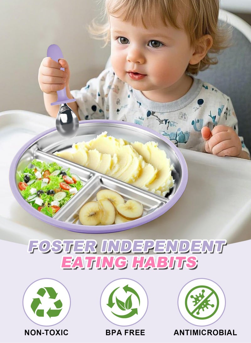HomarKet 2 Pack Stainless Steel Baby Suction Plates & 2 Pack Spoons and Forks Set, Toddler Utensils Baby Feeding Set, Divided Plates for Baby Led Weaning Supplies, BPA-Free (Purple/Pink) - Image 3