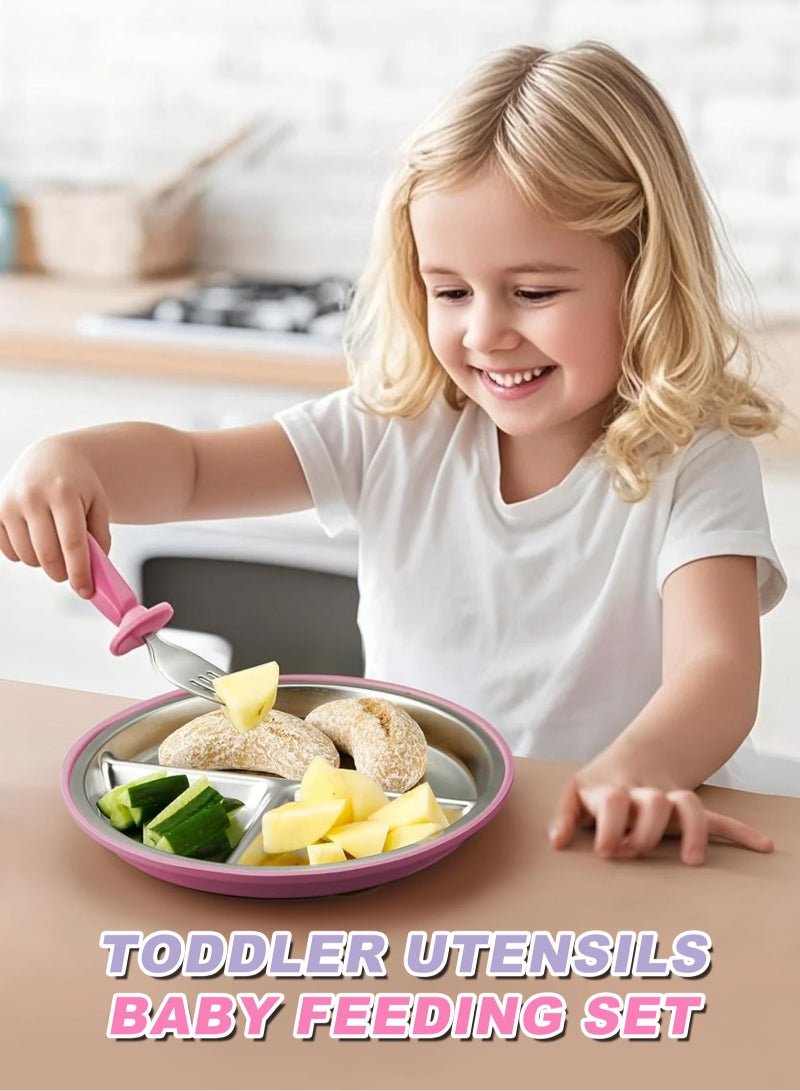 HomarKet 2 Pack Stainless Steel Baby Suction Plates & 2 Pack Spoons and Forks Set, Toddler Utensils Baby Feeding Set, Divided Plates for Baby Led Weaning Supplies, BPA-Free (Purple/Pink) - Image 5