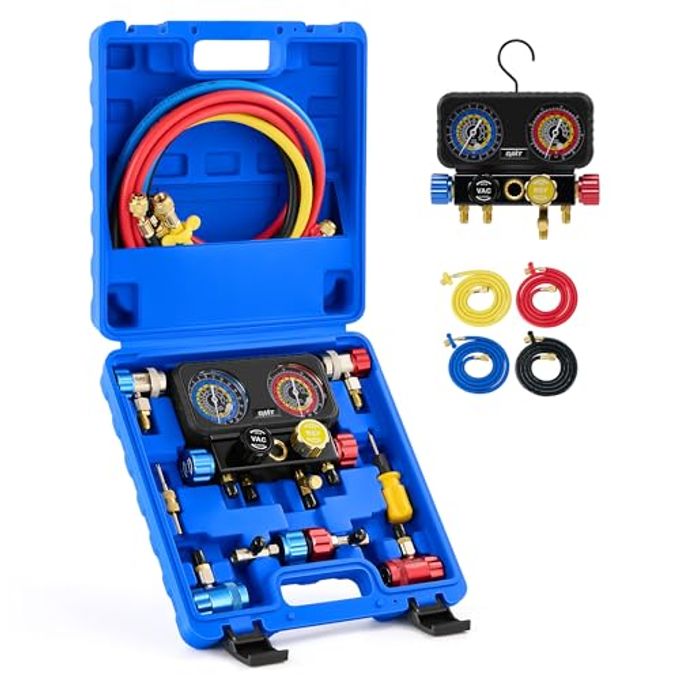 Orion Motor Tech Ac Gauges, 4 Way Manifold Gauge Set For R1234Yf R134A R404A Refrigerant, Automotive Gauge Set With Hoses Quick Couplers Self Sealing Can Taps For Car Freon Charging & Evacuation - Image 1